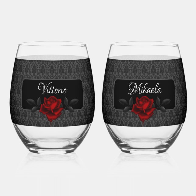 Gothic Black Damask Rose Wedding Stemless Wine Glass (Front)