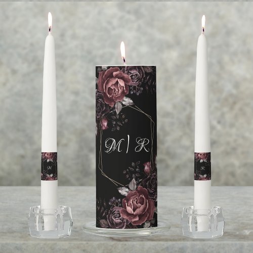 Gothic Black Dark Floral Monogram Initials Wedding Unity Candle Set