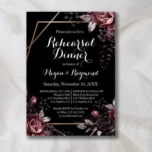 Gothic Black Dark Florals Rehearsal Dinner Invitation