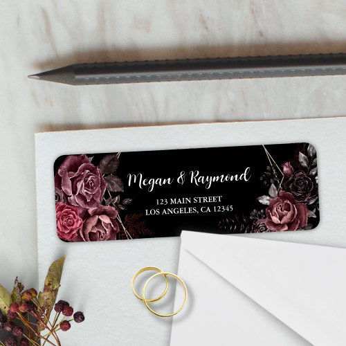 Gothic Black Dark Florals Wedding Return Address Label