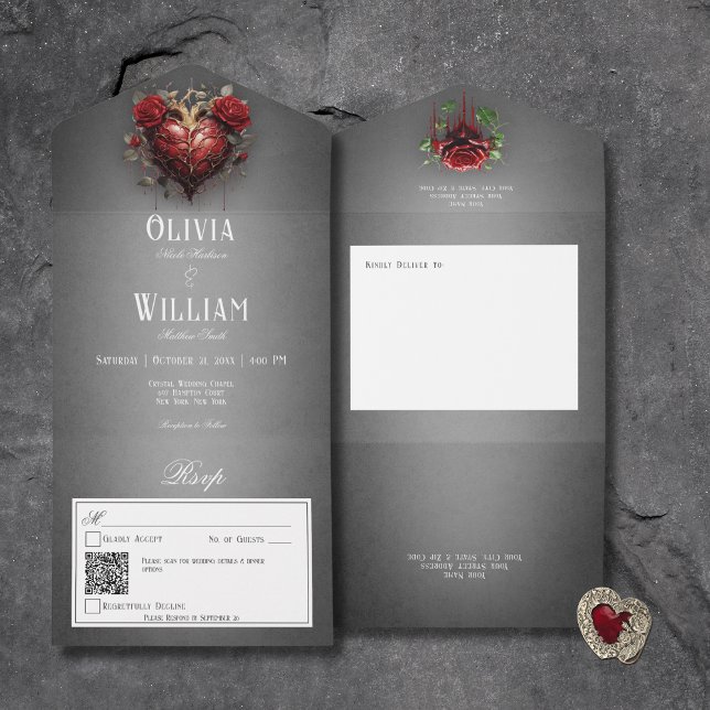 Gothic Black Dark Heart & Red Roses QR Code All In One Invitation (Gothic Black Dark Heart & Red Roses All In One Wedding Invitation with QR Code)