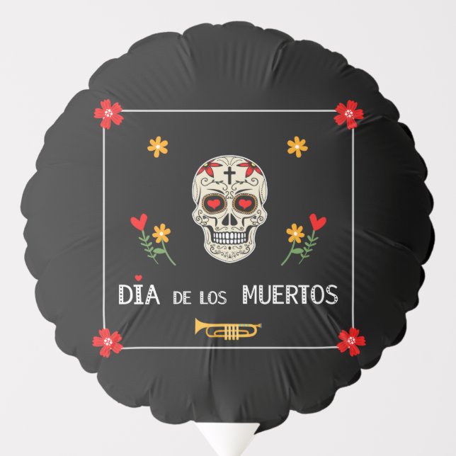 Gothic Black Dia de los Muertos Sugar Skull Flower Balloon (Front)