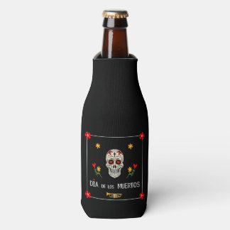 Gothic Black Dia de los Muertos Sugar Skull Flower Bottle Cooler