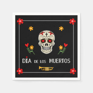 Gothic Black Dia de los Muertos Sugar Skull Flower Napkins