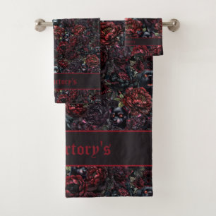 Gothic Black Dog & Dark Flowers Pattern Bath Towel Set
