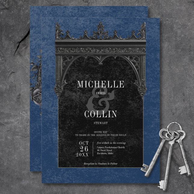 Gothic Black Double Arch Black Roses Blue Wedding Invitation (Gothic Black Double Arch Black Roses Blue Wedding Invitation)