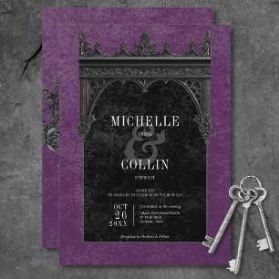 Gothic Black Double Arch & Black Roses Purple Invitation
