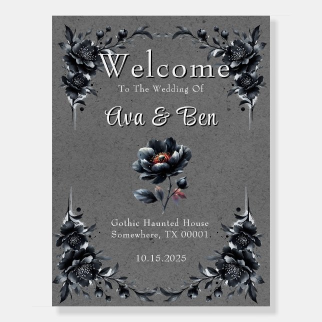 Gothic Black Floral Borders Wedding Welcome Sign (Front)