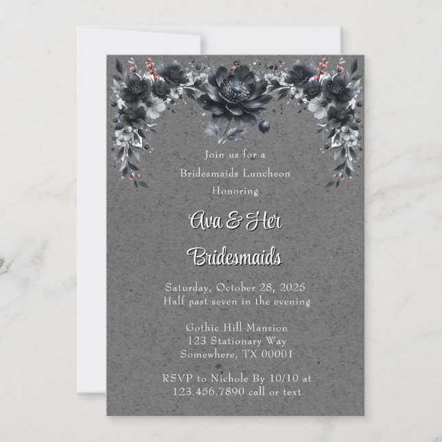 Gothic Black Floral Bridesmaids Luncheon Invitation (Front)