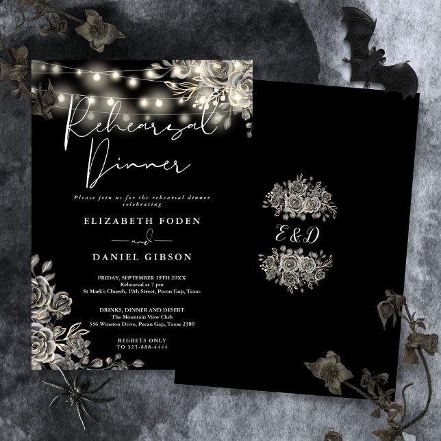 Gothic Black Floral Lights Rehearsal Dinner Invitation (Gothic Black Floral Lights Rehearsal Dinner Invitation)