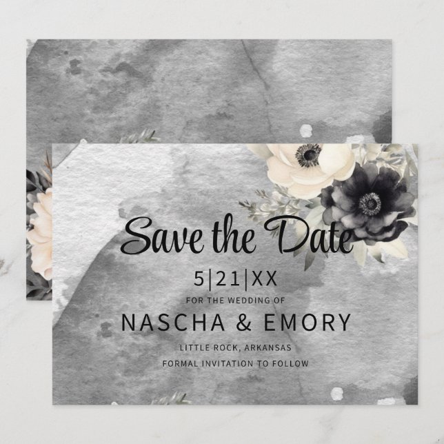 Gothic Black Floral Peony Wedding Save The Date (Front/Back)