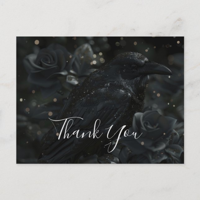 Gothic Black Floral Raven & Rose Thank You  Postcard (Front)