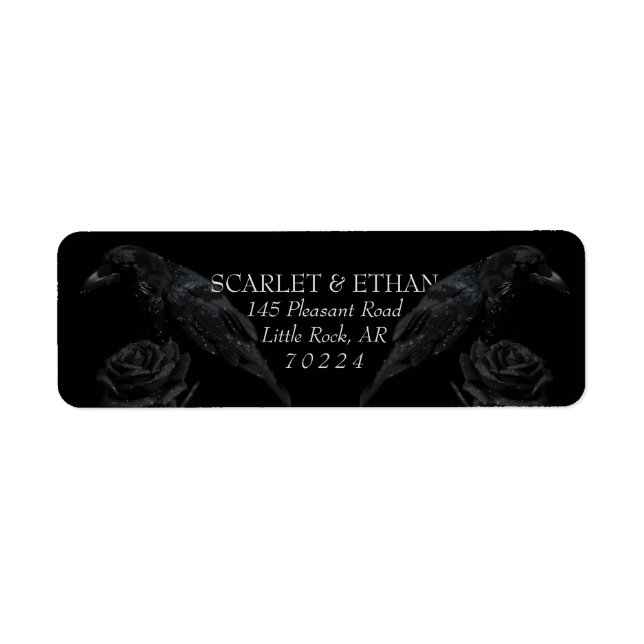 Gothic Black Floral Raven & Rose Wedding Label (Front)