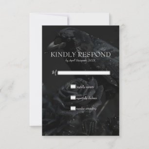 Gothic Black Floral Raven & Rose Wedding  RSVP Card