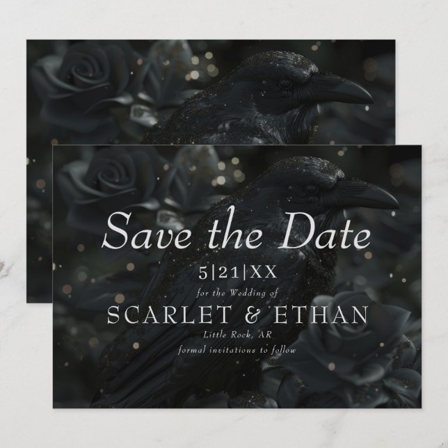 Gothic Black Floral Raven & Rose Wedding Save The Date (Front/Back)