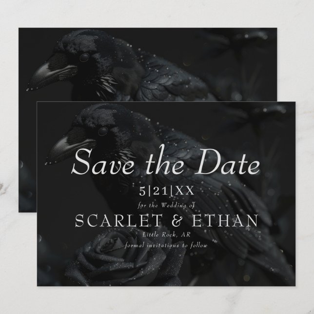 Gothic Black Floral Raven & Rose Wedding Save The Date (Front/Back)