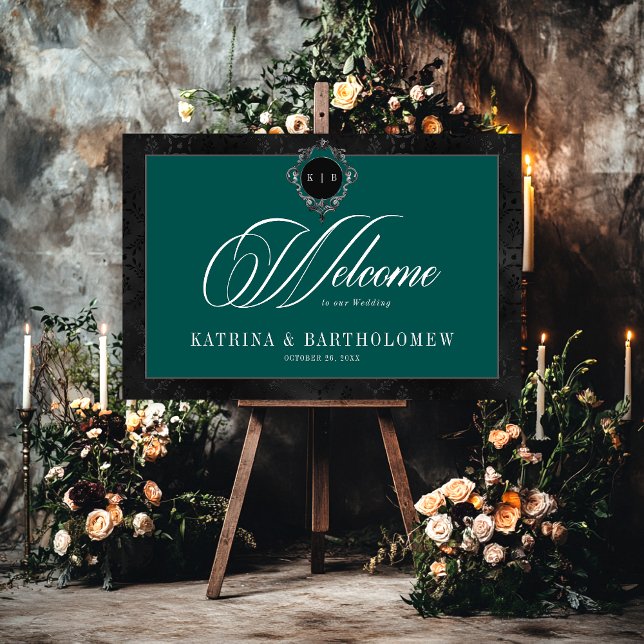 Gothic Black Floral Satin Damask Teal Welcome Foam Board (Gothic Black Floral Satin Damask Teal Welcome Foam Board)