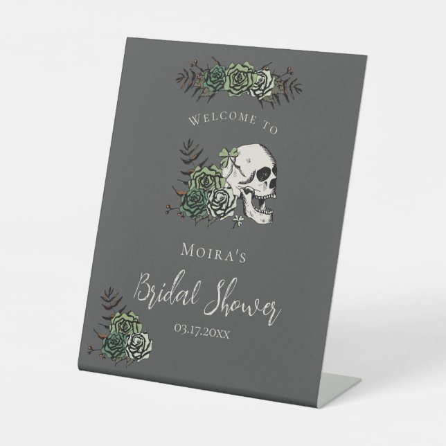 Gothic Black Floral Skull Bridal Shower Tabletop Pedestal Sign (Front)
