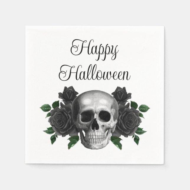 Gothic Black Floral Skull Halloween Napkins (Front)
