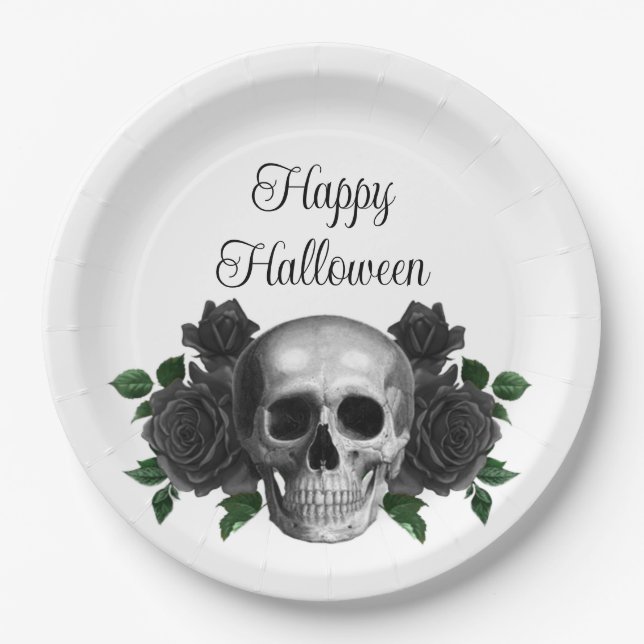 Gothic Black Floral Skull Halloween Paper Plates (Front)