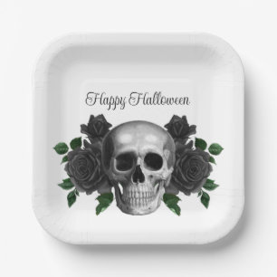 Gothic Black Floral Skull Halloween Paper Plates