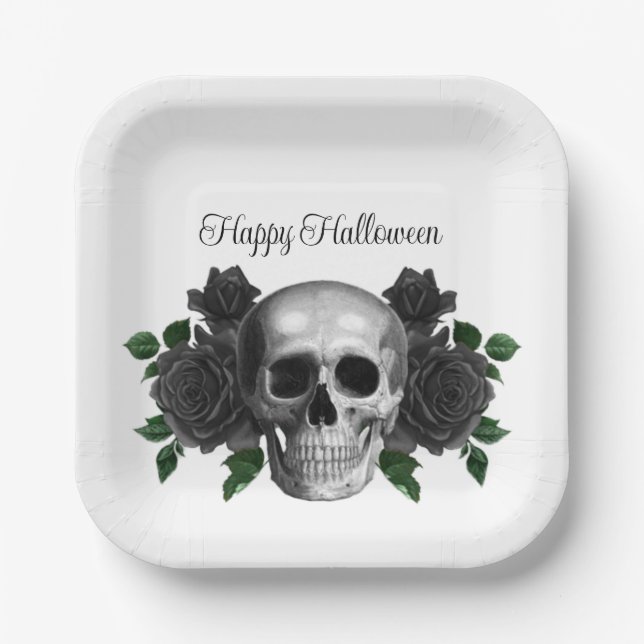 Gothic Black Floral Skull Halloween Paper Plates (Front)