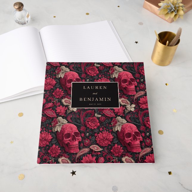 Gothic Black Floral Skulls Guest Book (Front Open)
