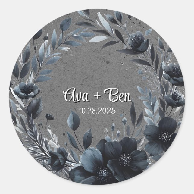 Gothic Black Floral Wedding Classic Round Sticker (Front)