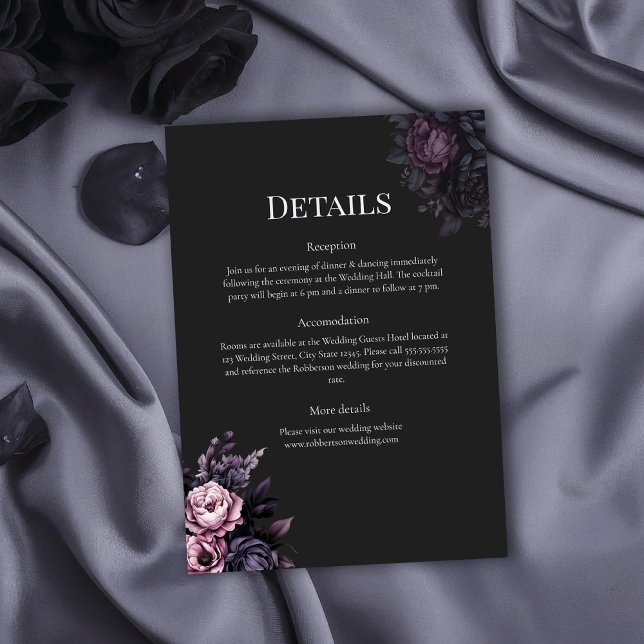 Gothic Black Floral Wedding Details Card (Gothic Black Floral Wedding Details Card on a gothic wedding table with black roses)