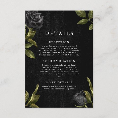 Gothic Black Floral Wedding Details  Enclosure Card