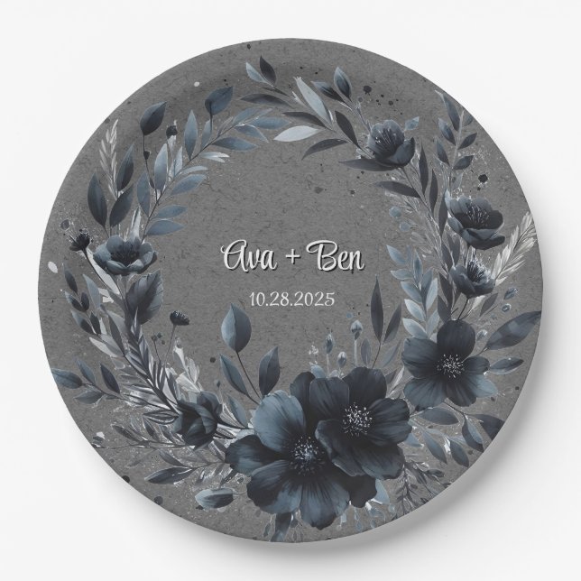 Gothic Black Floral Wedding Paper Plates (Front)