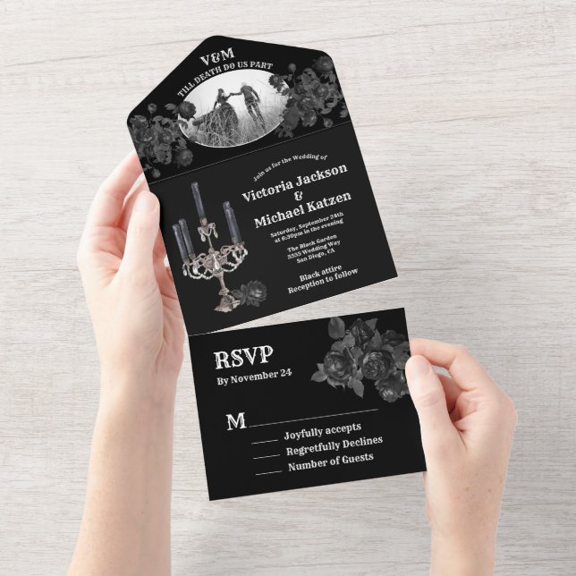 Gothic Black Floral Wedding Photo All In One Invit All In One Invitation (Tearaway)