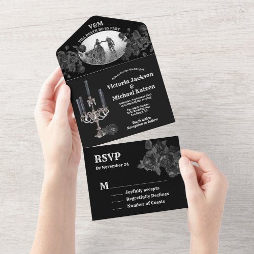 Gothic Black Floral Wedding Photo All In One Invitation