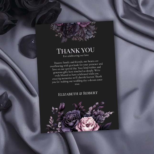 Gothic Black Floral Wedding Thank You Card (Gothic Black Floral Wedding Thank You Card on a gothic wedding table with black roses)