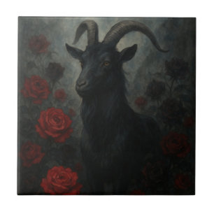 Gothic Black Goat with Red Roses Dark Art Ceramic Tile