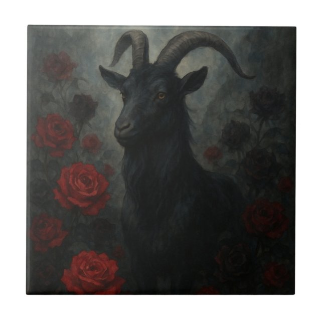 Gothic Black Goat with Red Roses Dark Art Ceramic Tile (Front)