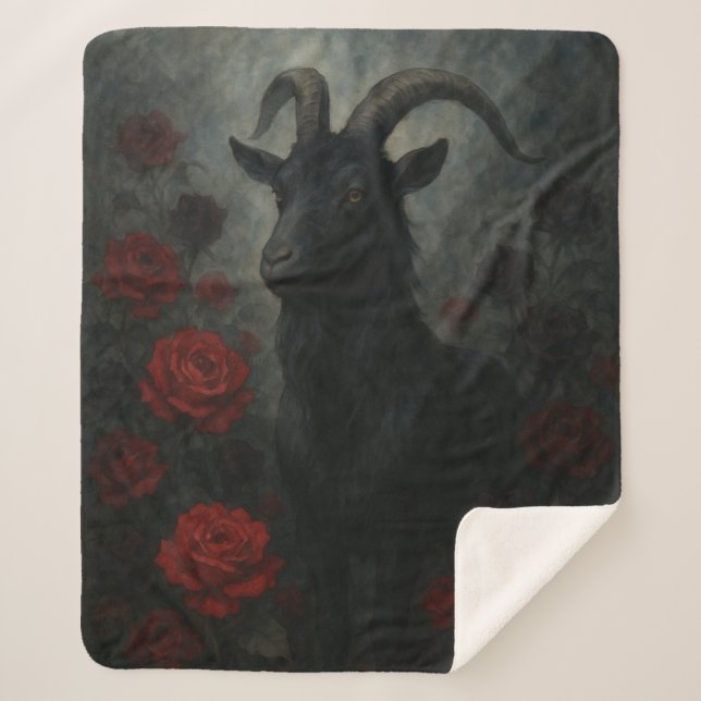 Gothic Black Goat with Red Roses Dark Art Sherpa Blanket (Front)