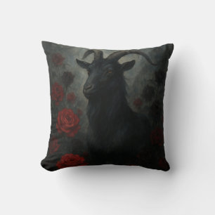 Gothic Black Goat with Red Roses Dark Art Throw Pillow