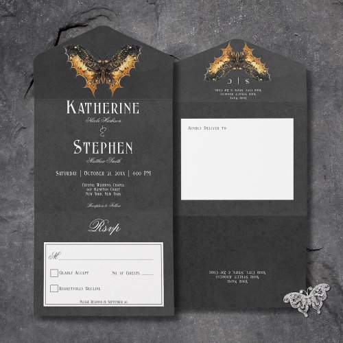 Gothic Black  Gold Moth Moody No Dinner All In One Invitation