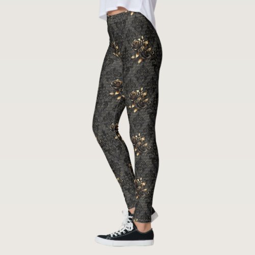 Gothic black gold rose damask elegant adult leggings