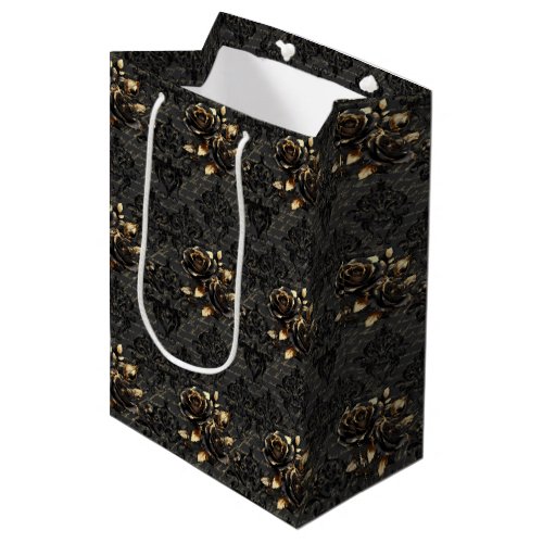 Gothic black gold rose damask elegant adult medium gift bag