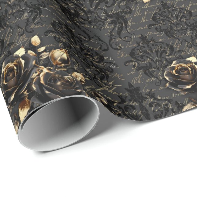 Gothic black gold rose damask elegant adult wrapping paper (Roll Corner)