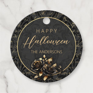 Gothic black gold rose damask elegant Halloween Favor Tags