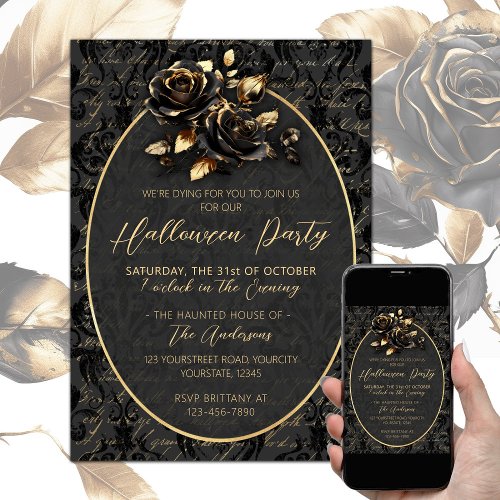 Gothic black gold rose damask elegant Halloween  Invitation