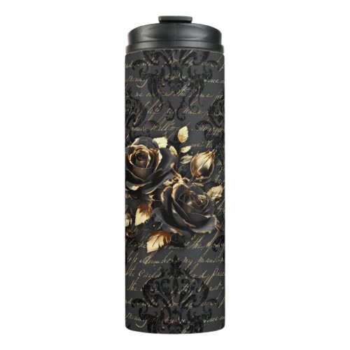 Gothic black gold rose damask elegant thermal tumbler