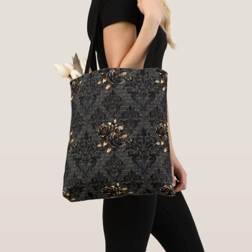 Gothic black gold rose damask pattern elegant tote bag