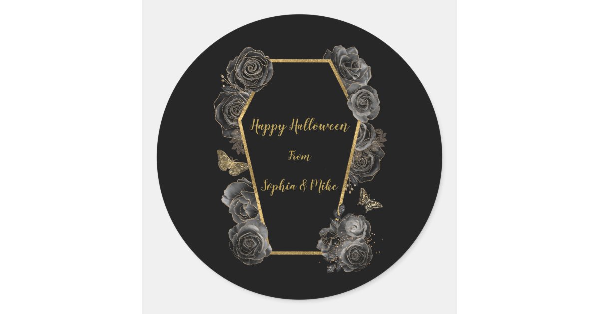 Gothic Black & Gold Roses Coffin Halloween Classic Round Sticker | Zazzle