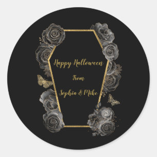 Gothic Black & Gold Roses Coffin Halloween  Classic Round Sticker