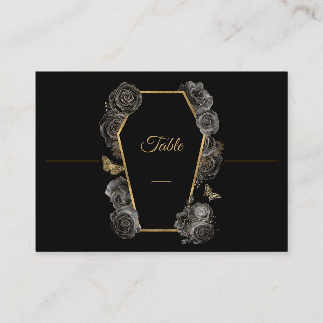 Gothic Black & Gold Roses Coffin Wedding Pattern  Place Card (Front)