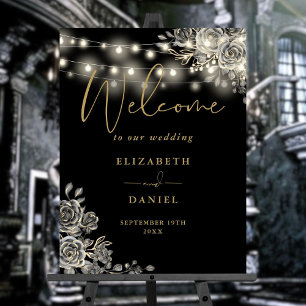 Gothic Black Gold Roses Lights Wedding Welcome Foam Board